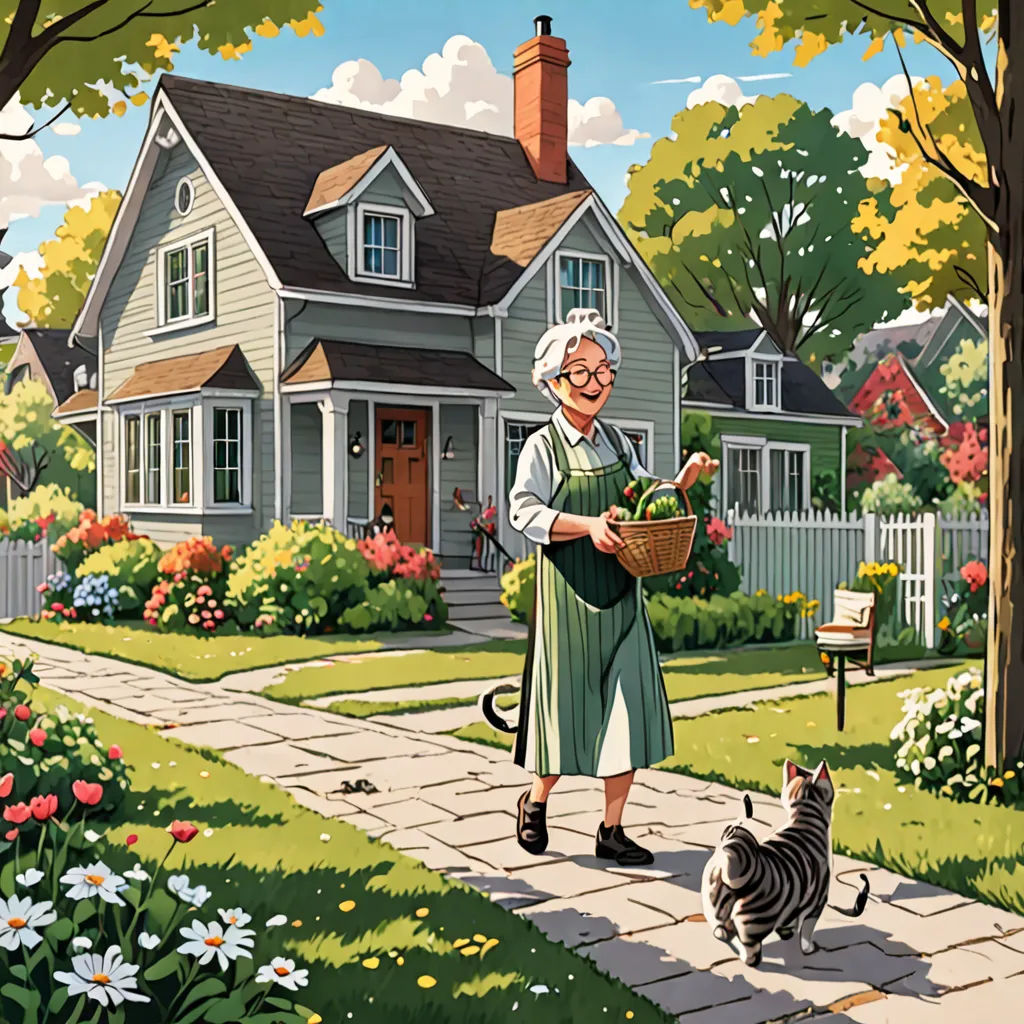 a woman in a green dress is walking a cat in front of a house with a cat nearby and a cat on the sidewalk, american scene painting, a storybook illustration, Chris LaBrooy, storybook illustration