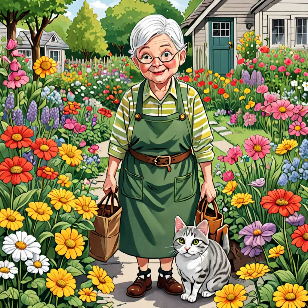 a woman in a garden with a cat and a bag of flowers in front of her is a house, naive art, a character portrait, Eileen Aldridge, game art