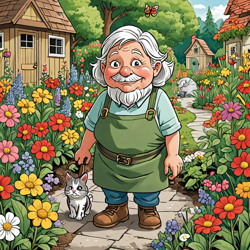 a cartoon of an old man with a cat in a garden with flowers and a house in the background, fantasy art, a storybook illustration, Cliff Childs, official art