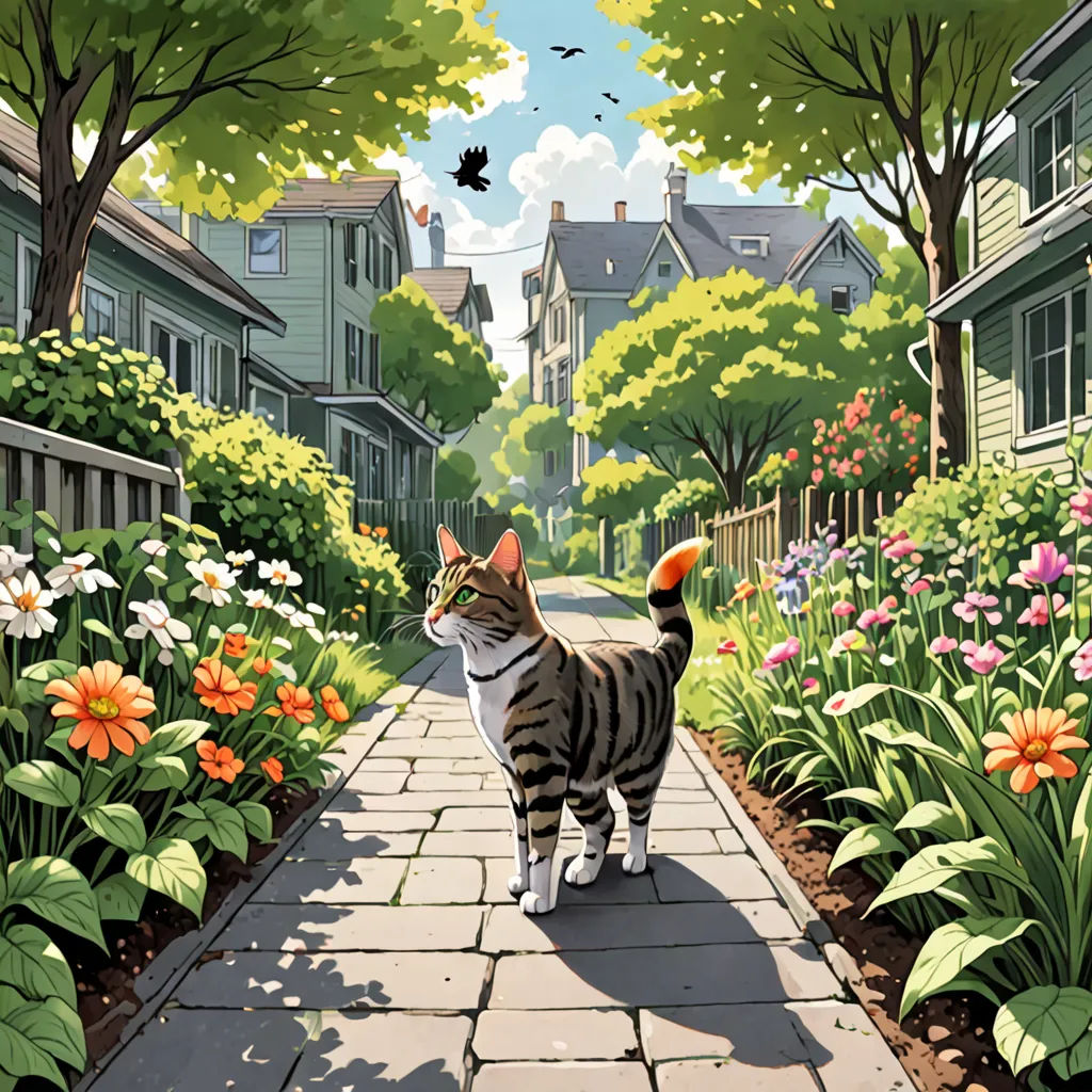 a cat walking down a sidewalk in a garden with flowers and trees on either side of it and a bird flying overhead, plein air, a comic book panel, Chris LaBrooy, official art
