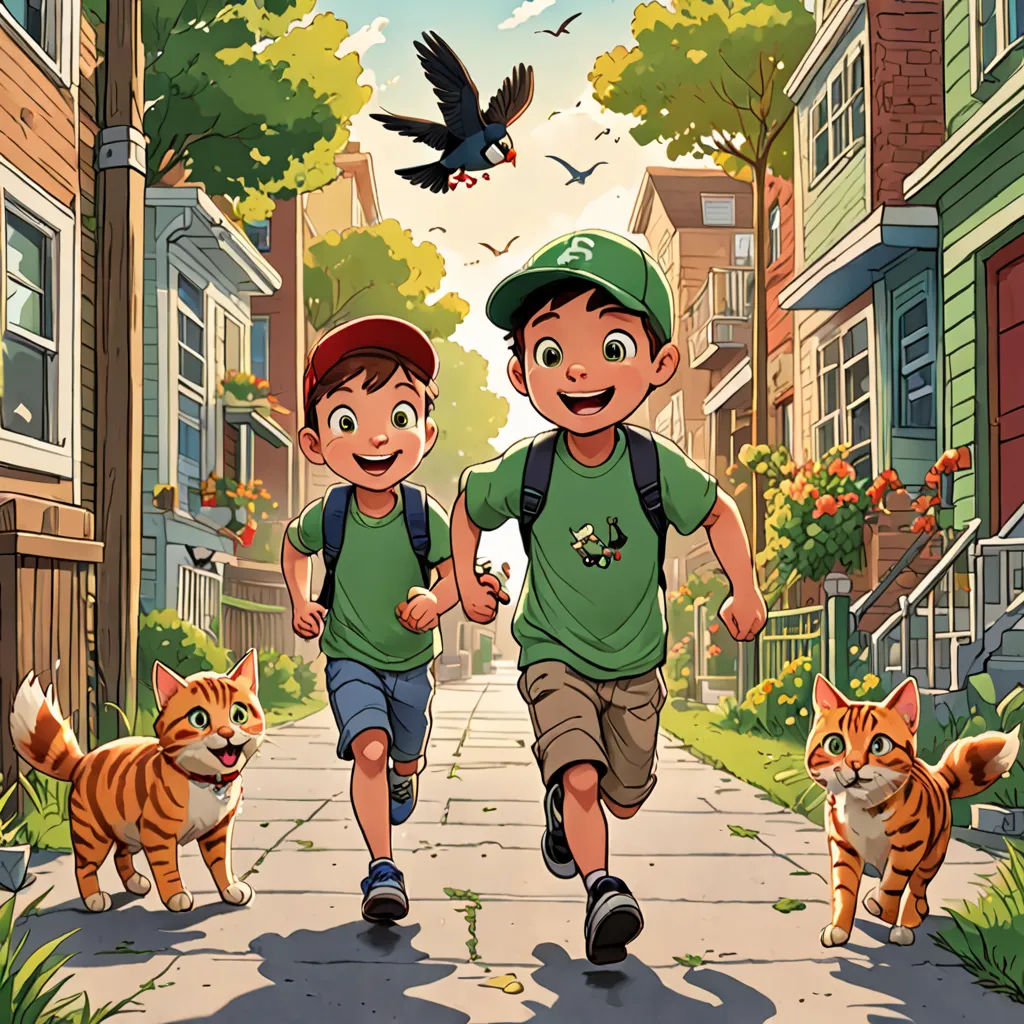 two children are walking down a street with a cat and a bird on the sidewalk behind them, and a bird is flying overhead, vancouver school, a storybook illustration, Brothers Hildebrandt, comic cover art