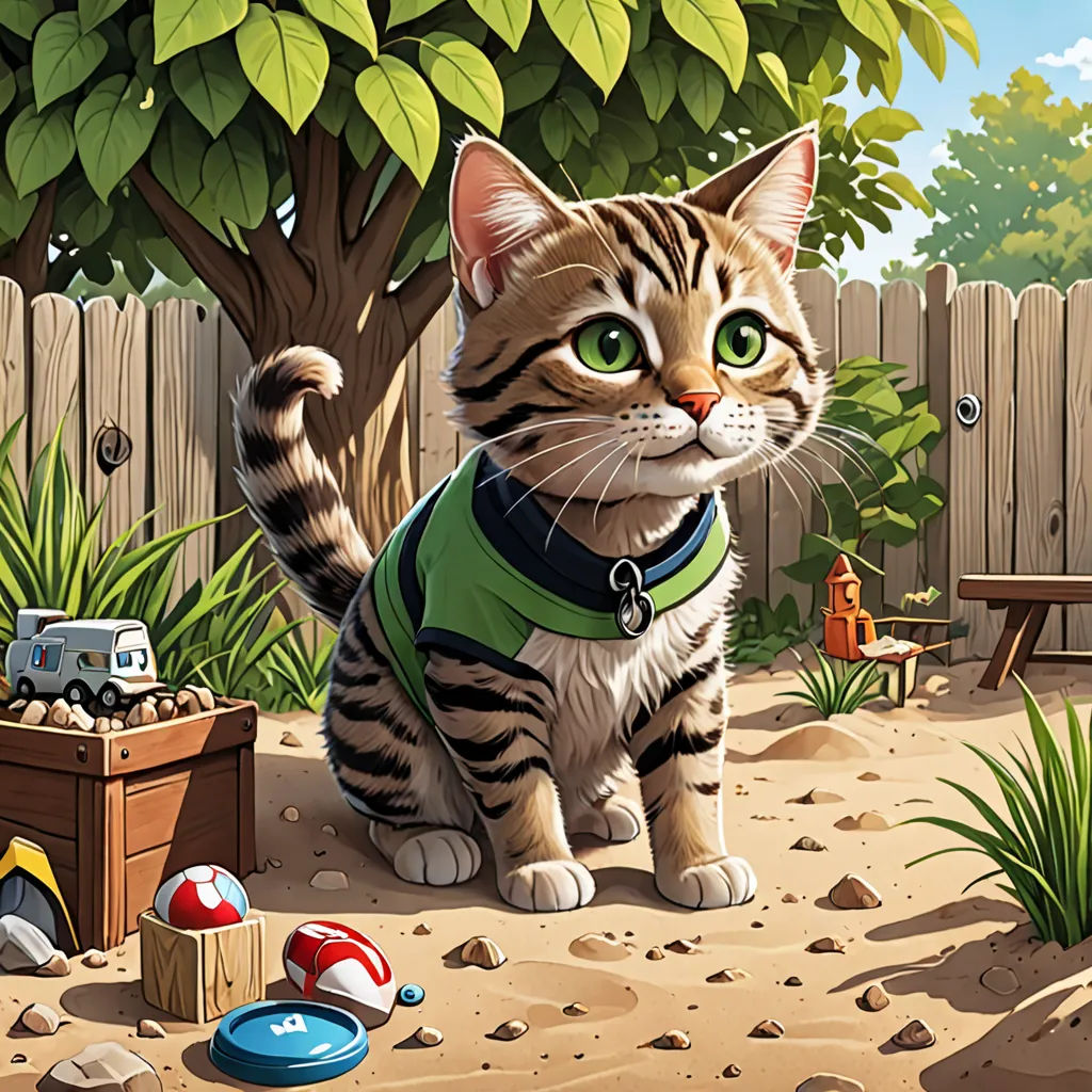 a cat in a green shirt is standing in the dirt near a tree and a toy chest and a toy chest, sots art, a storybook illustration, Chris LaBrooy, highly detailed digital painting