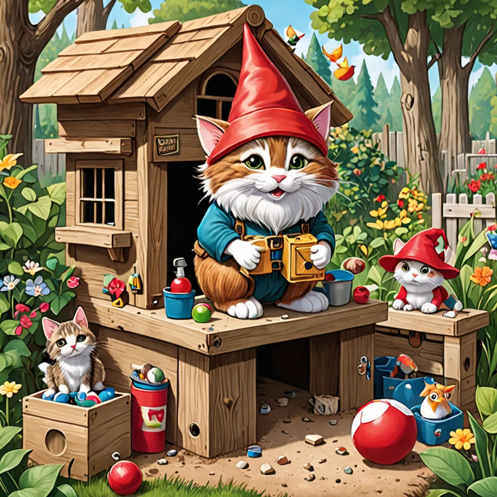 a cat sitting on a wooden table with a gnome hat on it's head and other cats around it, fantasy art, a storybook illustration, Chris LaBrooy, official art