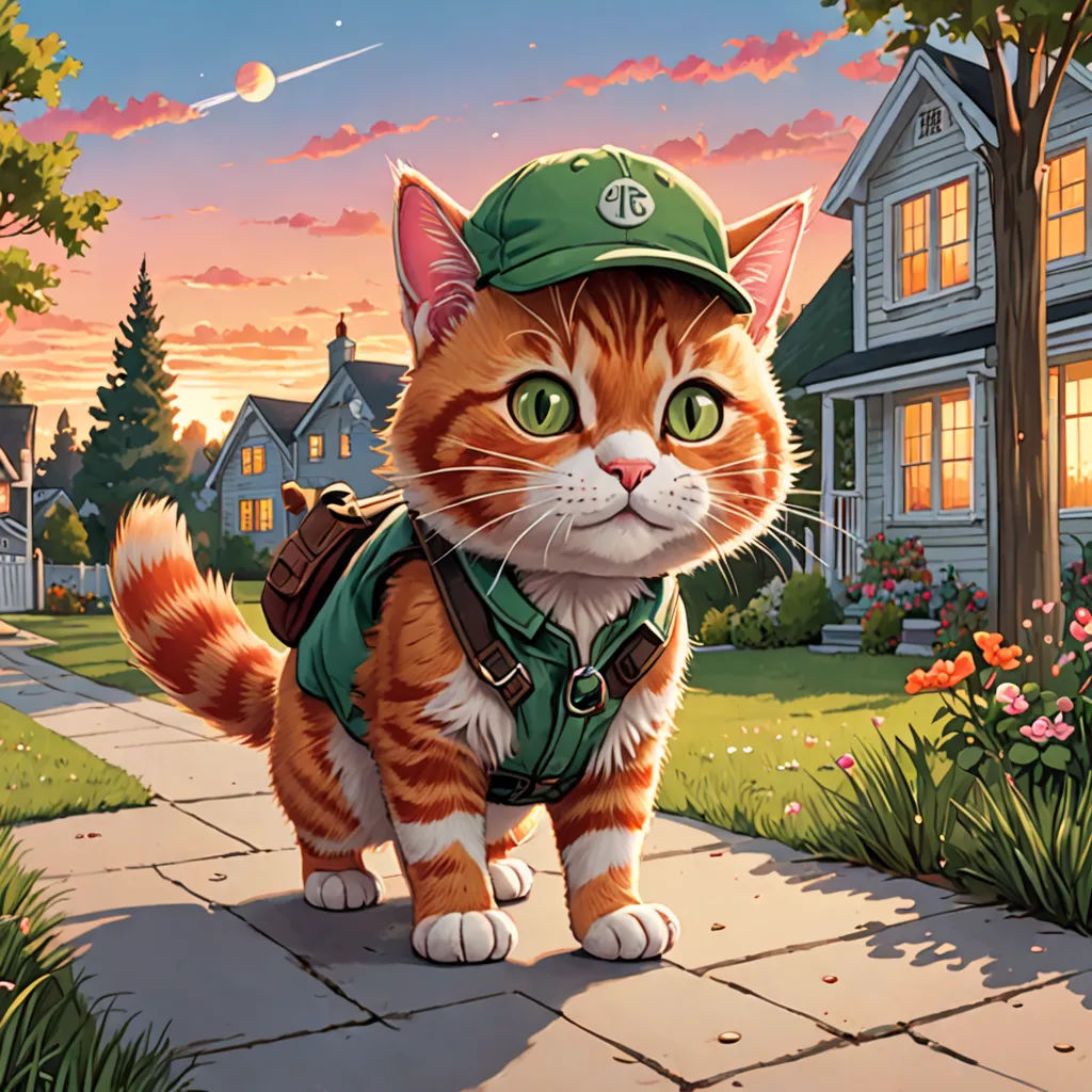 a cat wearing a green hat and vest standing on a sidewalk in front of a house at sunset with a pink sky, sots art, a character portrait, Chris LaBrooy, official art
