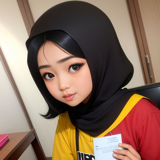 a young woman wearing a hijab holding a card in her hand and looking at the camera with a serious look on her face