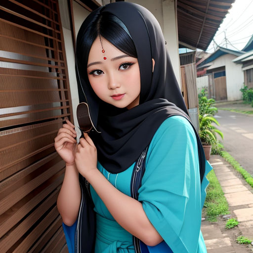 a woman in a hijab is standing by a wall with a mirror in her hand and a blue dress