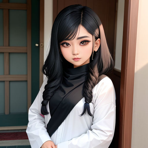 a woman with long black hair wearing a white shirt and black scarf and a black and white scarf around her neck