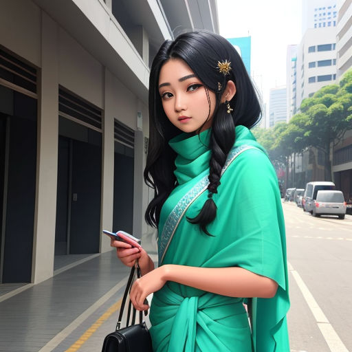 a woman in a green dress is holding a cell phone and looking at her phone while standing on a street