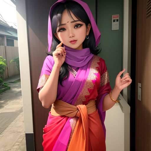a woman in a purple and orange sari poses for a picture in a doorway with a pink scarf around her neck