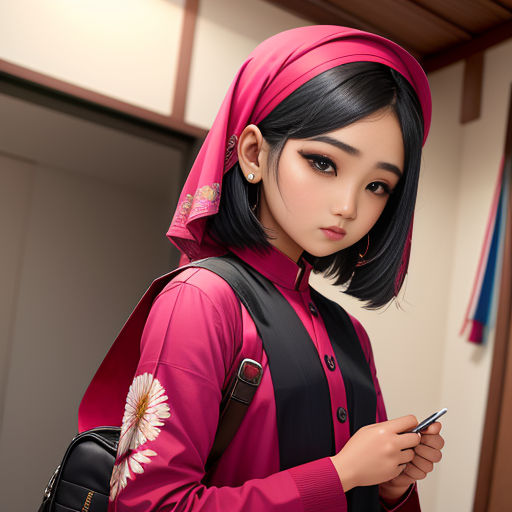 a woman in a pink outfit is looking at her cell phone and holding a purse in her hand and a backpack on her shoulder