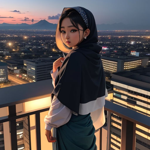 a woman standing on a balcony with a city in the background at night time with a hood on her head