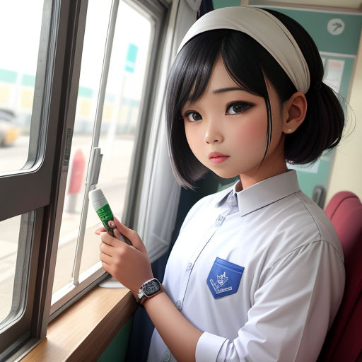 a young asian girl holding a green stick and looking out a window at the street outside of the window