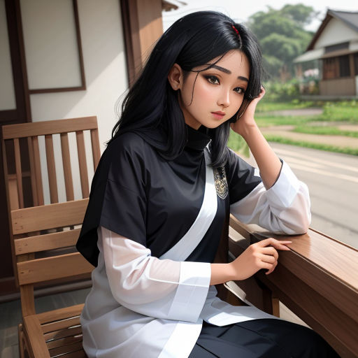 a woman sitting on a bench next to a wooden bench and a building with a street in the background