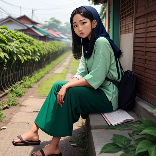 a woman sitting on a bench with a book in her hand and a backpack on her shoulder, in front of a house