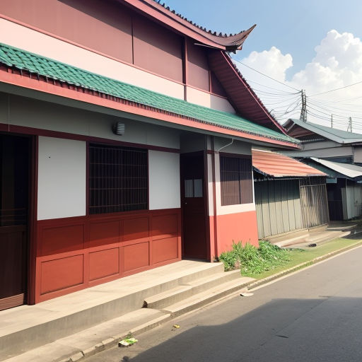 a red and white building with a green roof and a red door and window on the side of the building