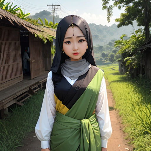 a woman in a green and black dress standing on a dirt road next to a hut with a roof