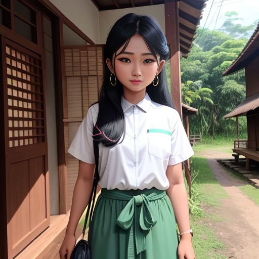 a woman in a green skirt and white shirt standing in front of a building with a black purse on her shoulder