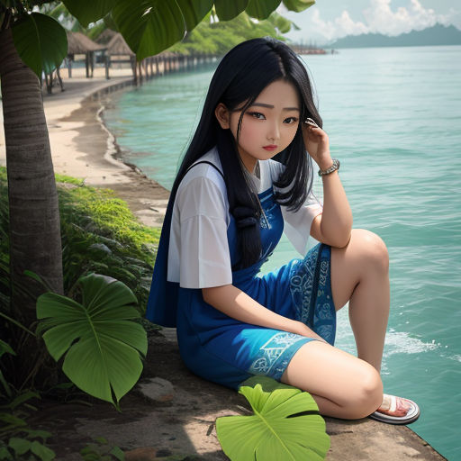 a woman sitting on a rock next to a body of water with a tree in the background and a body of water behind her
