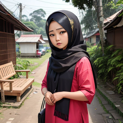 a woman in a hijab standing on a street corner with a bench in the background and a building in the background