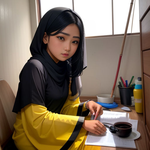 a woman sitting at a desk writing on a piece of paper with a pen and a cup of coffee
