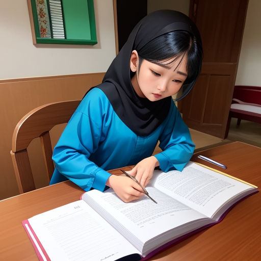 a young girl sitting at a table with an open book and a pen in her hand and a book in front of her