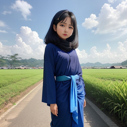a woman in a blue dress standing on a road in a field of grass and trees with a sky background