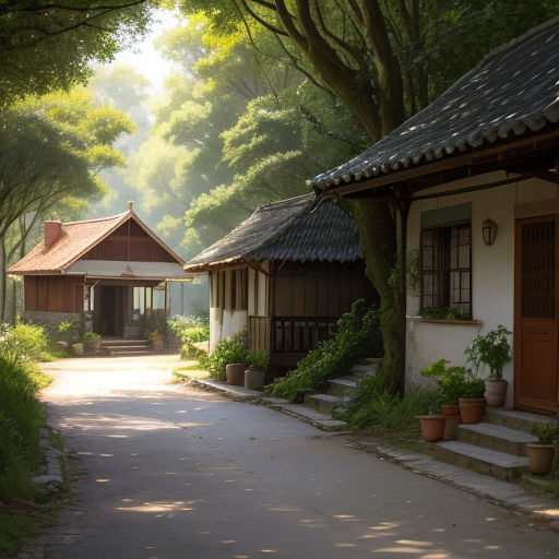a small house with a porch and a porch on the side of it, surrounded by trees and bushes