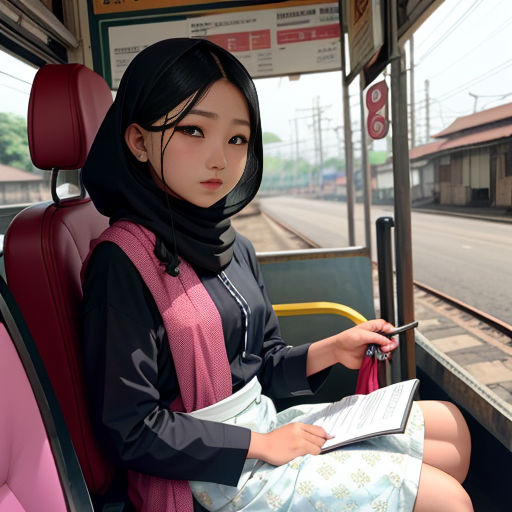 a woman sitting on a bus holding a book and a cell phone in her hand and looking at the camera