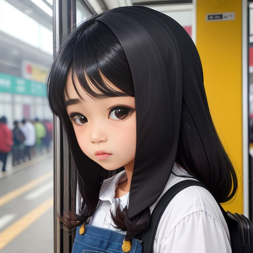 a young girl with black hair and a black scarf on her head is standing on a train platform with a train in the background