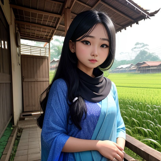 a woman standing in front of a green field of grass with a blue dress on her shoulders and a black scarf around her neck