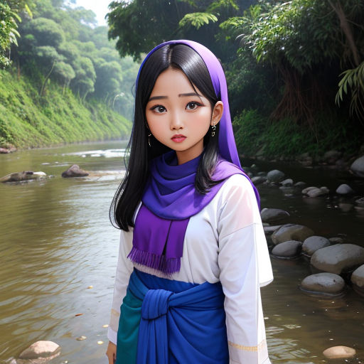 a woman in a blue and purple outfit standing in a river with rocks and trees in the background and a stream running through the center