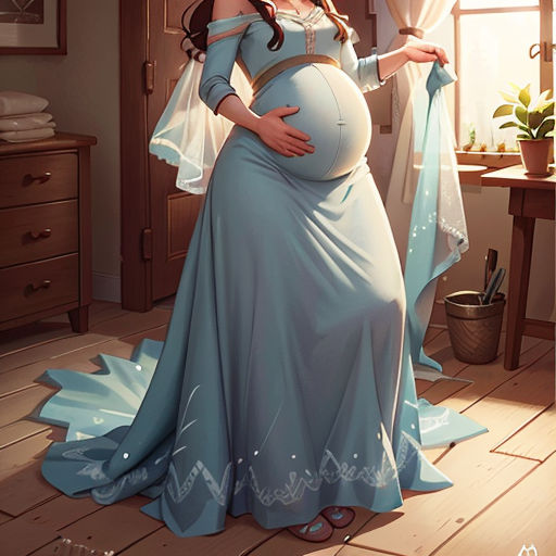 a pregnant woman in a blue dress standing in a room with a window and a curtain behind her,