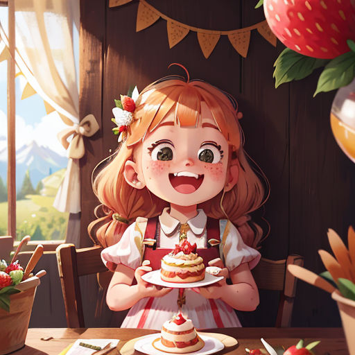 a girl holding a plate of cake in front of a table with strawberries and other food on it