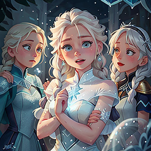 a group of women standing next to each other in front of a forest filled with snowflakes and stars