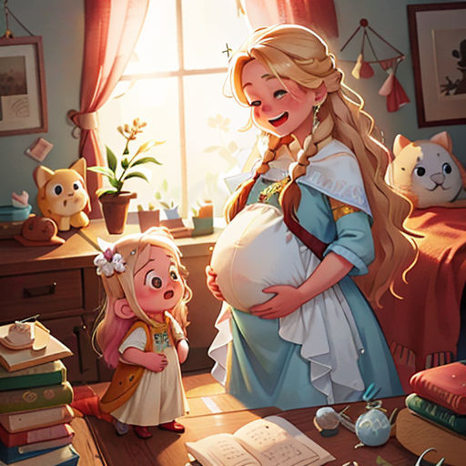 a pregnant woman standing next to a child in a room with books and stuffed animals on the floor and a window