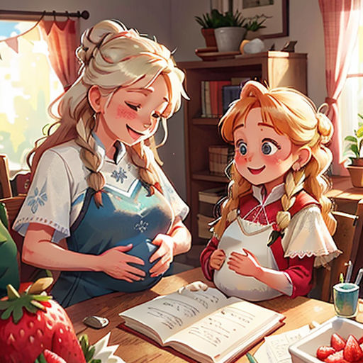 a couple of girls sitting at a table with books and strawberries on it, and a book in front of them