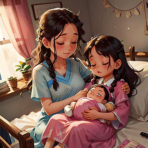 a mother and her two children are in bed together, the mother is holding the baby and the child is holding the infant