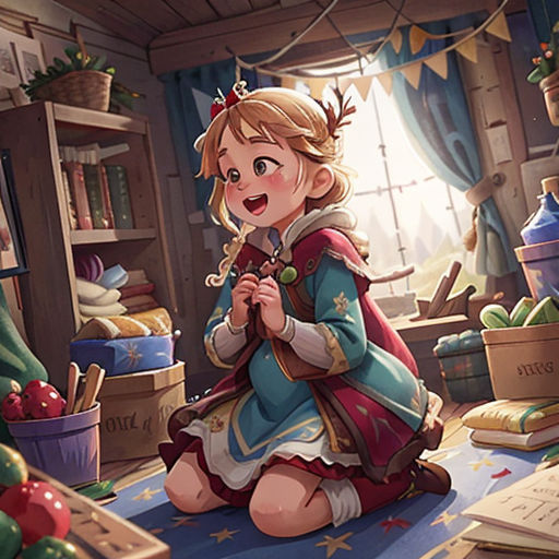 a little girl sitting on the floor in a room with a christmas tree and other items on the floor