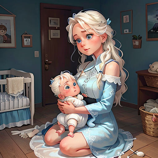 a woman holding a baby in a room with a crib and a crib in the background, and a baby in the foreground