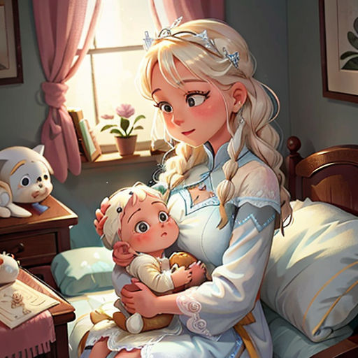a woman holding a baby in a bed next to a window with a teddy bear on it's lap