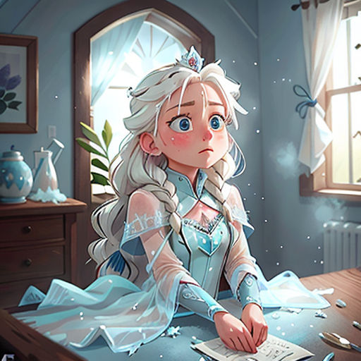 a girl sitting at a desk with a book in her hand and a window behind her, with a blue background