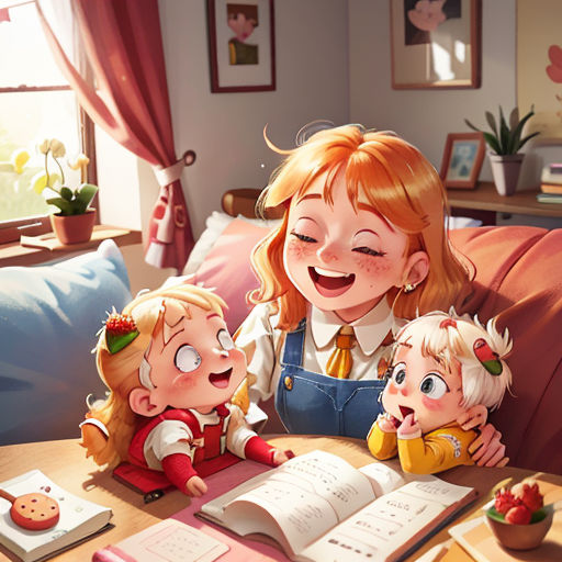 a woman sitting on a couch with two children and an open book in front of her on a table
