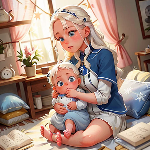 a woman holding a baby in her lap while sitting on a bed with books and a bookcase in the background