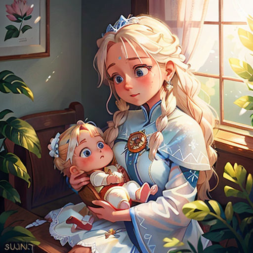 a woman holding a baby in her lap while sitting on a bench in front of a window with a flower