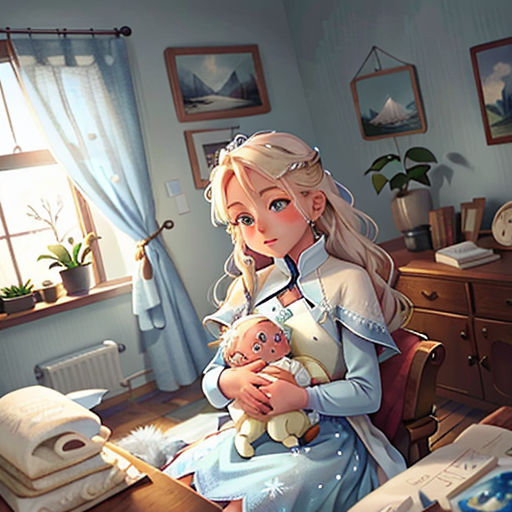 a woman holding a baby in a room with a window and a desk with a stuffed animal on it