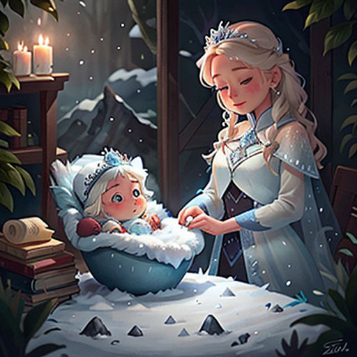 a woman and a baby are in a snow scene with a candle and a christmas tree in the background