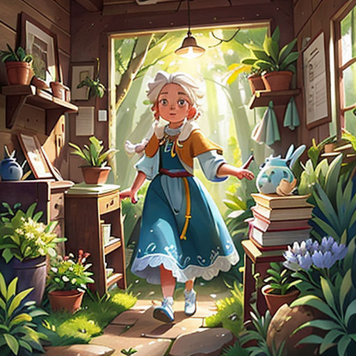 a girl in a room with plants and a rabbit in it's lap, and a window with a light shining in
