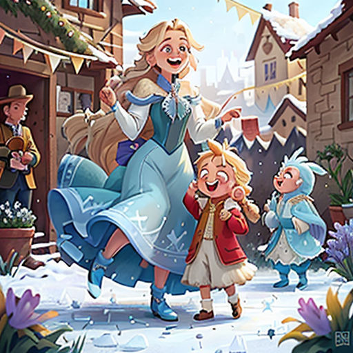 a cartoon of a woman and two children in the snow with a snowman and a snowman in the background
