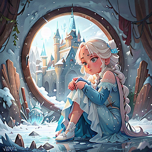 a girl sitting on a rock in front of a window with a castle in the background and snow on the ground