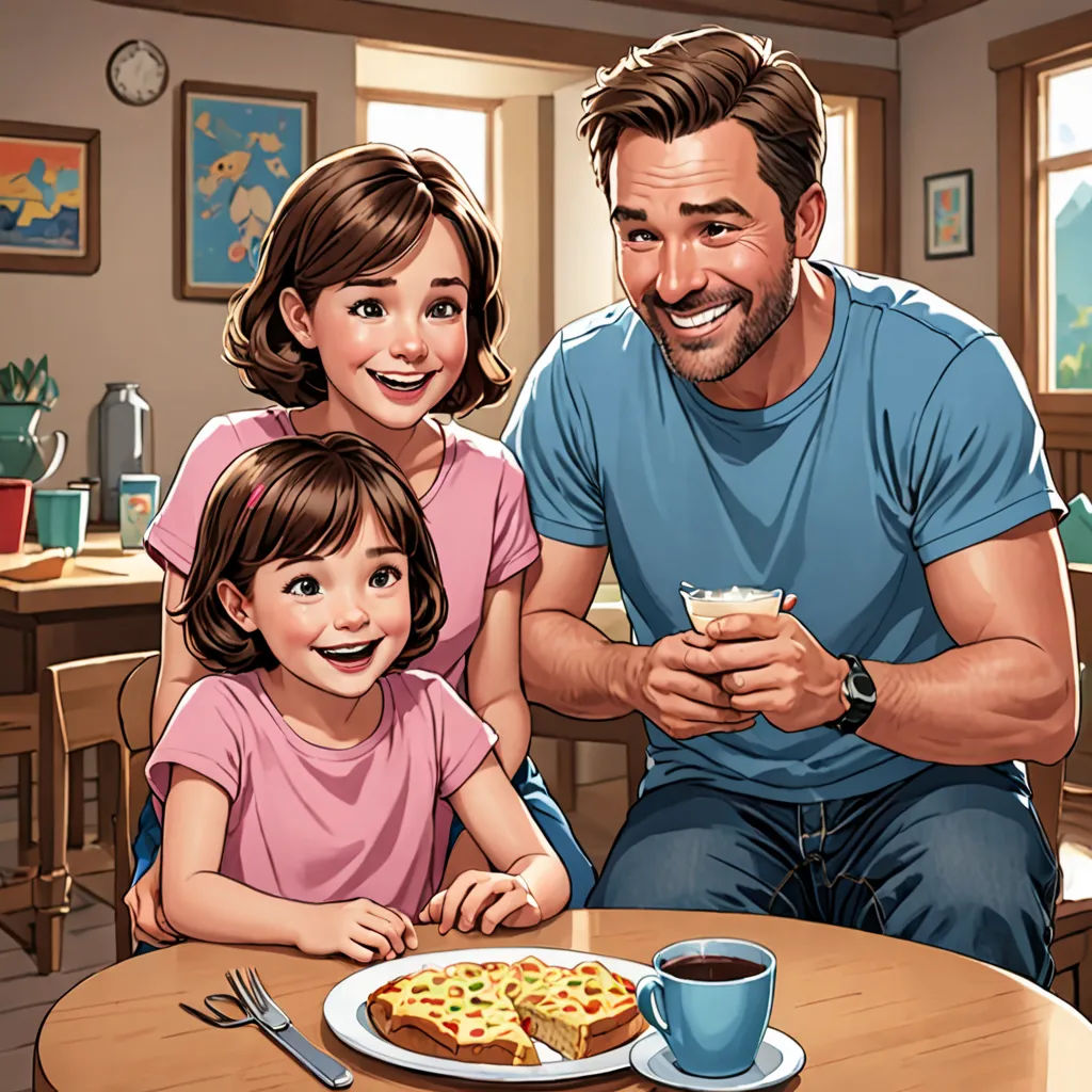 a man and two children sitting at a table with a plate of pizza and a cup of coffee in front of them, american scene painting, a storybook illustration, Aaron Jasinski, official art